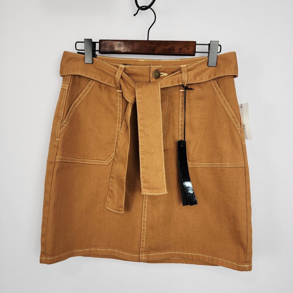 🆕️ Tinsel Denim Couture Belted Straight Mini Skirt Mustard S